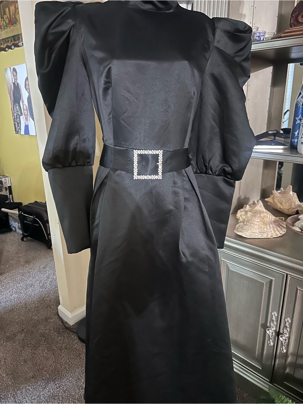 Black Puff-Sleeve Satin Dress with Rhinestone Buckle Belt size xl